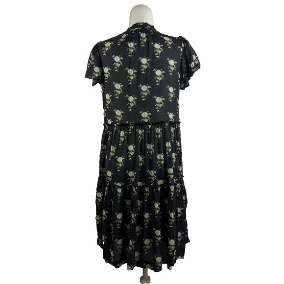 Anthropologie Black Daisy Floral Dress Small Sheer Mini V Neck Ruffle Sleeve - Picture 13 of 14